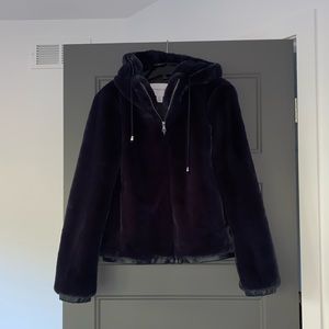 Rich Navy Blue Hooded Velour Jacket With Pockets